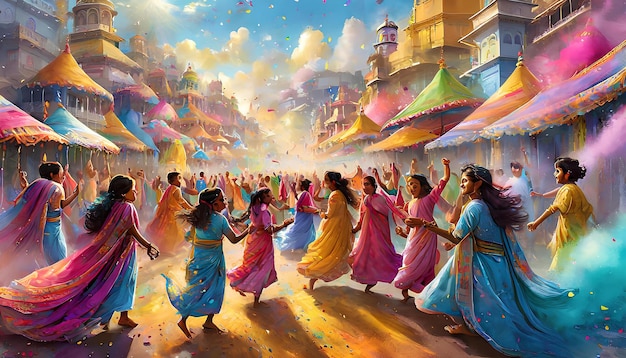 a painting of people dancing in a carnival with a sky background