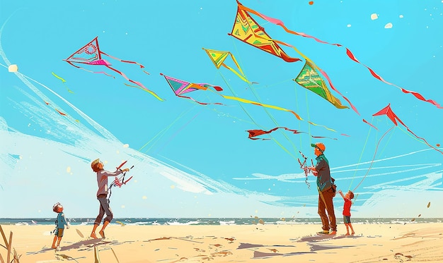 Photo a painting of people flying kites on a beach with the words quot the quot x quot on the bottom