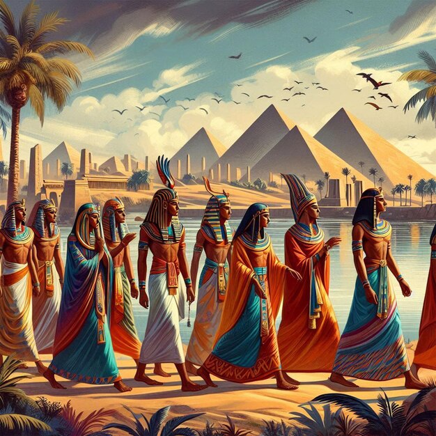 a painting of the people in front of the pyramids