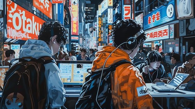 a painting of people in front of a store with the word tokyo on it