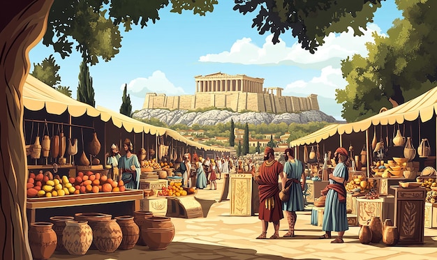 Photo a painting of people at a fruit market with the temple in the background