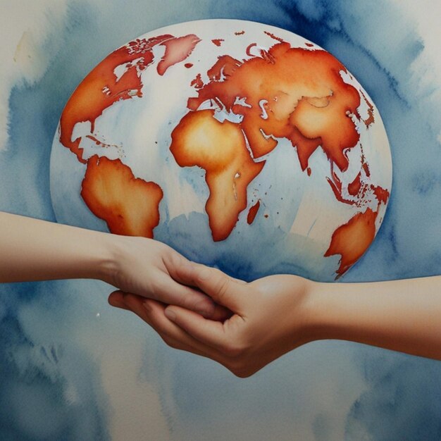 Photo a painting of people holding hands and a globe with the word