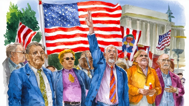 a painting of people holding up a flag that says quot the united states quot