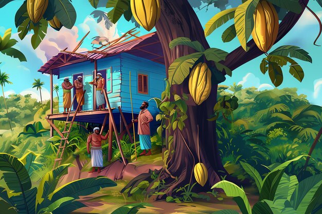 a painting of people in a jungle with a house on the side