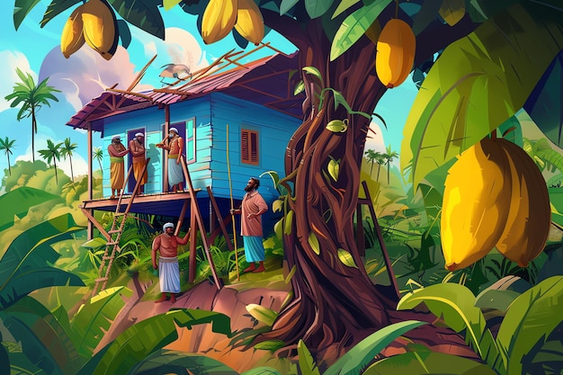 a painting of people in a jungle with a house on the top