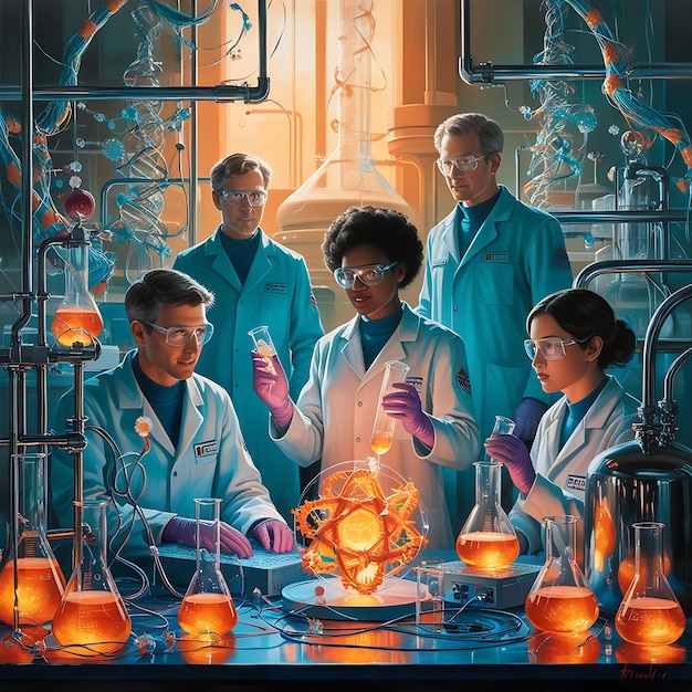 a painting of people in lab coats with a fire in the middle