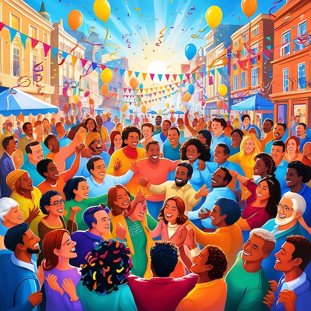 a painting of people in a large group with balloons in the background