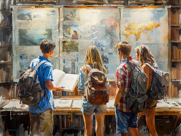 a painting of people looking at a book titled  the word