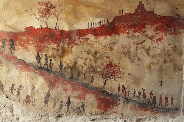 a painting of people on a mountain with a tree in the background