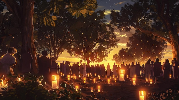 a painting of people in a park with lanterns and trees in the background