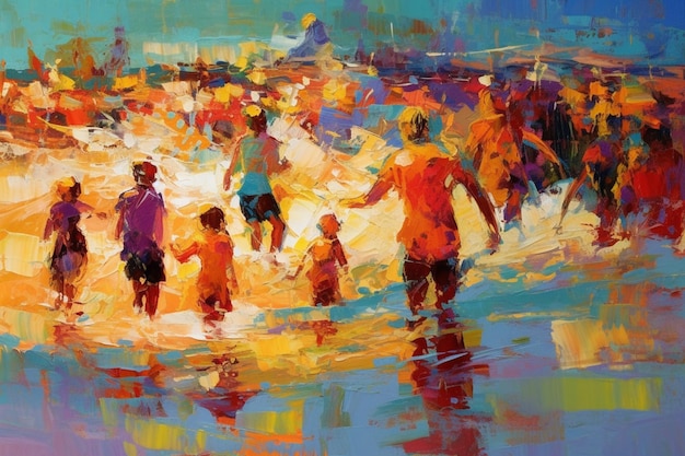 A painting of people playing in the water with the sun shining on it.