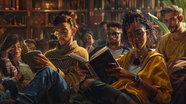 Photo a painting of people reading a book called quot the art of the artist quot