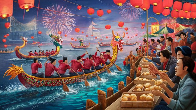 a painting of people in red shirts and boats with red lanterns