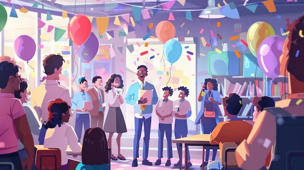 a painting of people in a room with balloons and a sign that says quot happy birthday quot