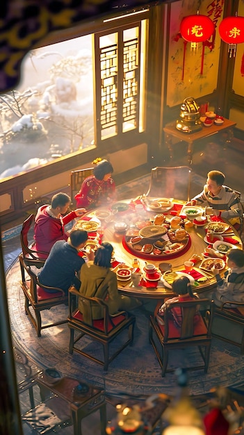 a painting of people sitting around a table with food and snow on it