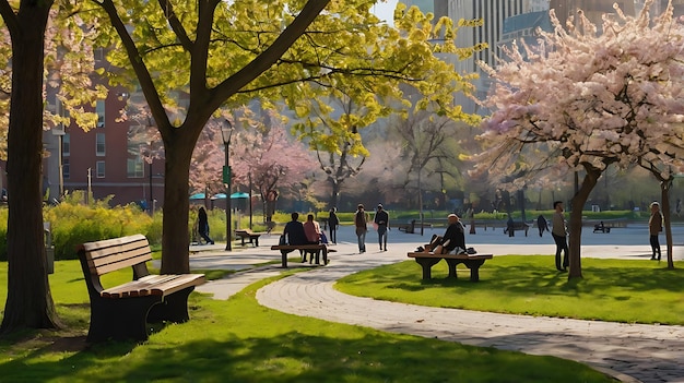 Photo a painting of people sitting on a park bench with a view of a city