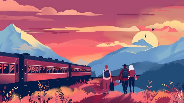 Photo a painting of people walking along a train track with mountains in the background