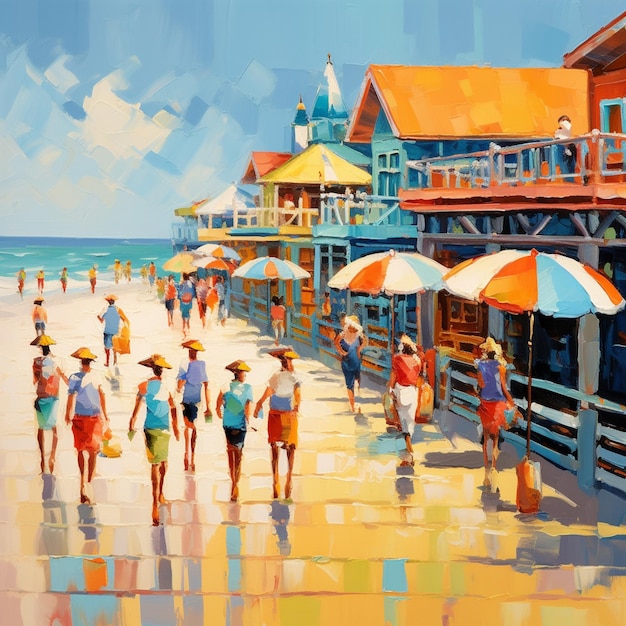 Painting of people walking on a beach with umbrellas and buildings generative ai