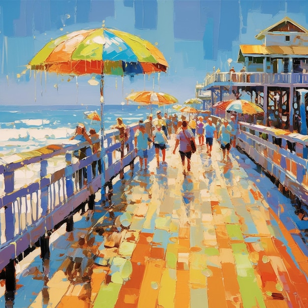 Painting of people walking on a boardwalk with umbrellas on a sunny day generative ai