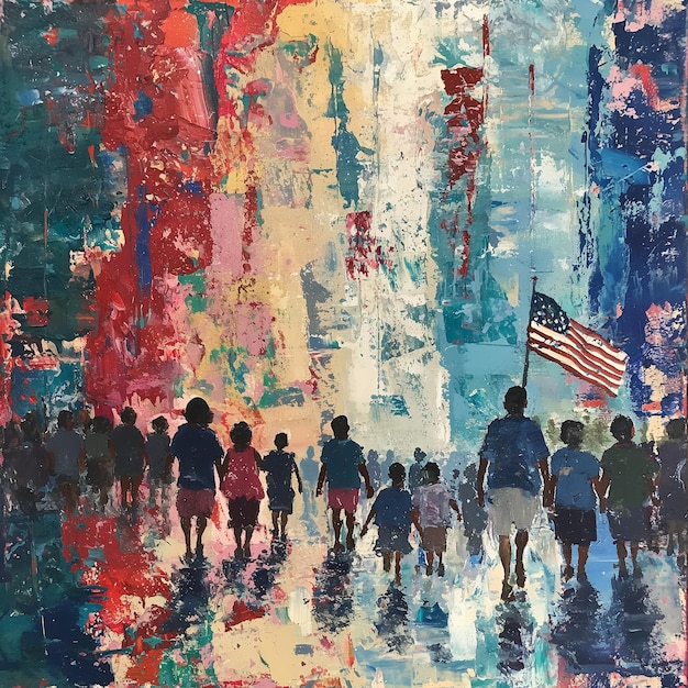 A painting of people walking in a city with a flag in the background