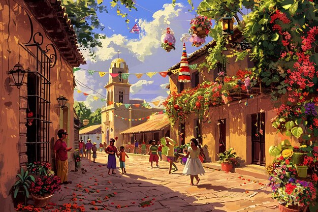 a painting of people walking down a street with a basket of flowers