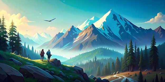 a painting of people walking in a mountain landscape