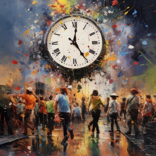 Photo a painting of people walking in the rain with a clock in the background