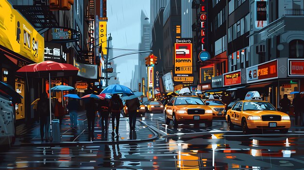 a painting of people walking in the rain with umbrellas