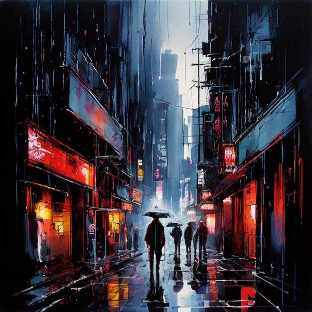 a painting of people walking in the rain with umbrellas