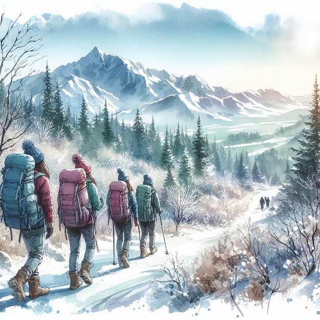 A painting of people walking in the snow with backpacks on