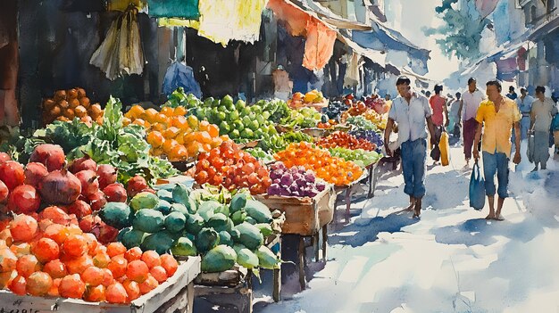 Photo a painting of people walking in a street with a fruit stand