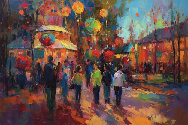 A painting of people walking in a street with a store in the background.