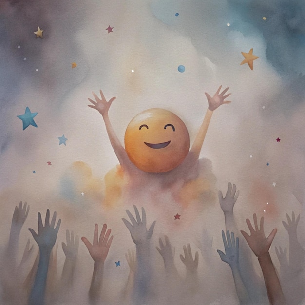 a painting of people with arms raised in the air with the words quot happy face quot