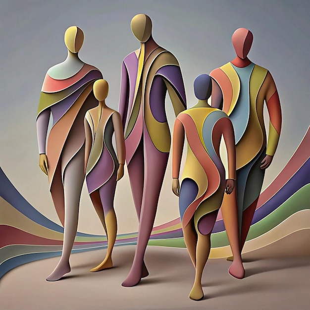 a painting of people with different colors and shapes