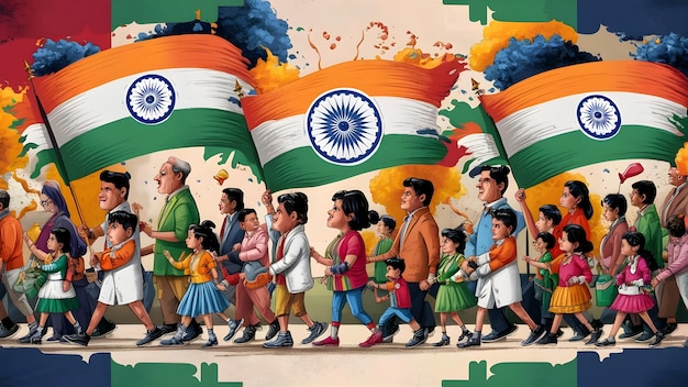 a painting of people with the flag india in the background