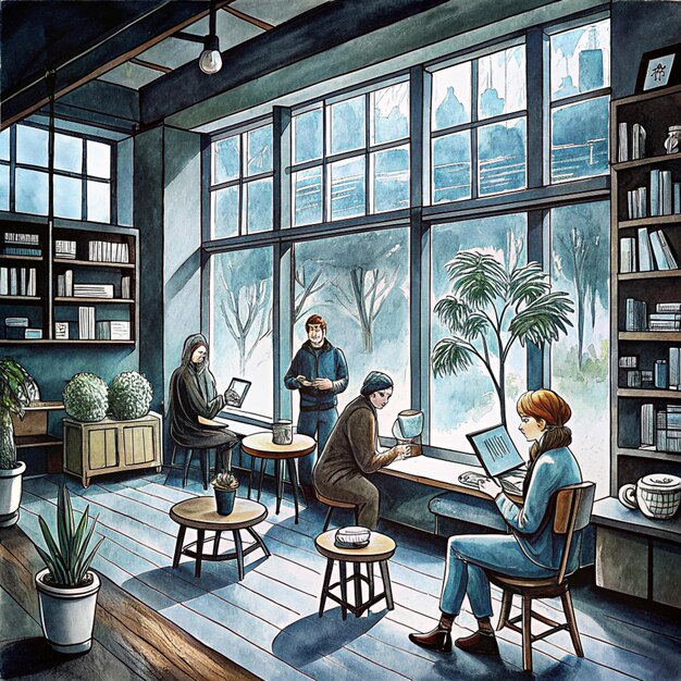 a painting of people working in a room with a book called quot the library quot