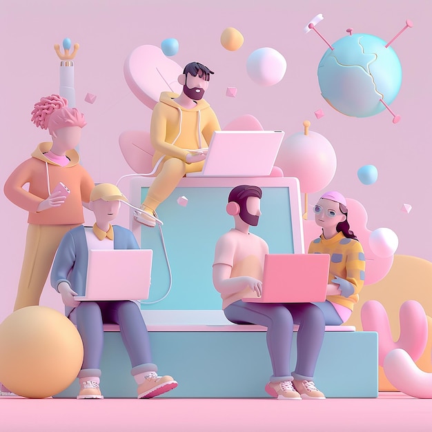 a painting of people working with a laptop and balloons