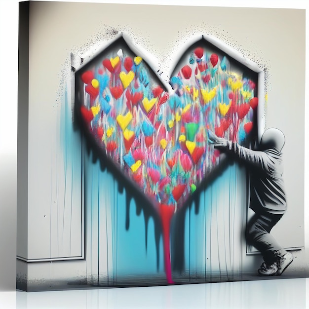 A painting of a person hugging a heart with many hearts on it.