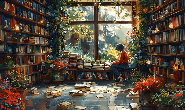 Photo a painting of a person reading a book with books on the window sill