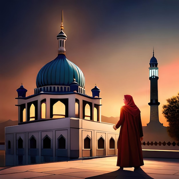 A painting of a person in a red cape and a blue dome with the words " the name of the mosque ".