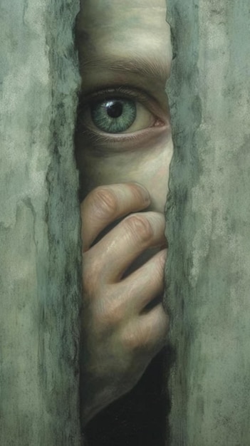 A painting of a person's face and the eye is partially obscured by a hole in the wall.