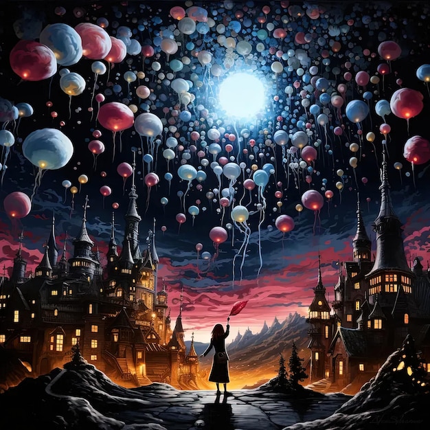 A painting of a person standing in front of a castle surrounded by balloons