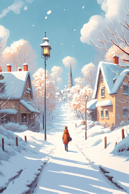 Painting of a person walking down a snowy street generative ai