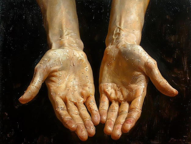 a painting of a persons hands with the numbers 4 and 5 written on it