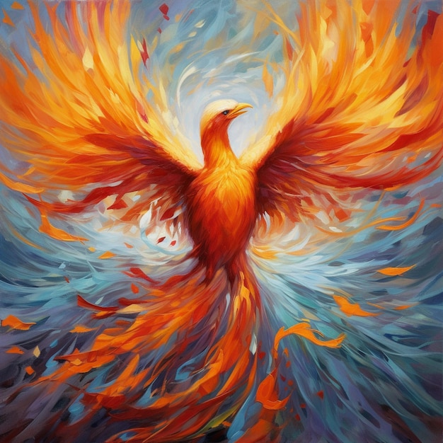 A painting of a phoenix with the word fire on it