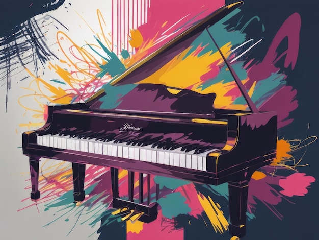 a painting of a piano with a colorful background and a colorful background