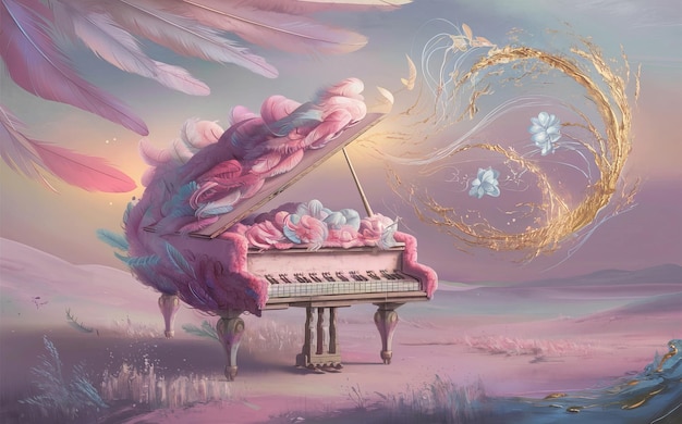 a painting of a piano with a flying dragon and the words quot the word quot on it