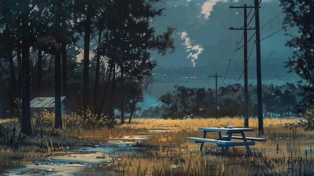 Photo a painting of a picnic table with a picnic table in the foreground