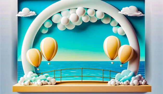 Painting of pier with balloons floating in the air over the water Generative AI