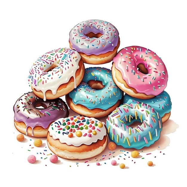 a painting of a pile of doughnuts with sprinkles on the top of each one